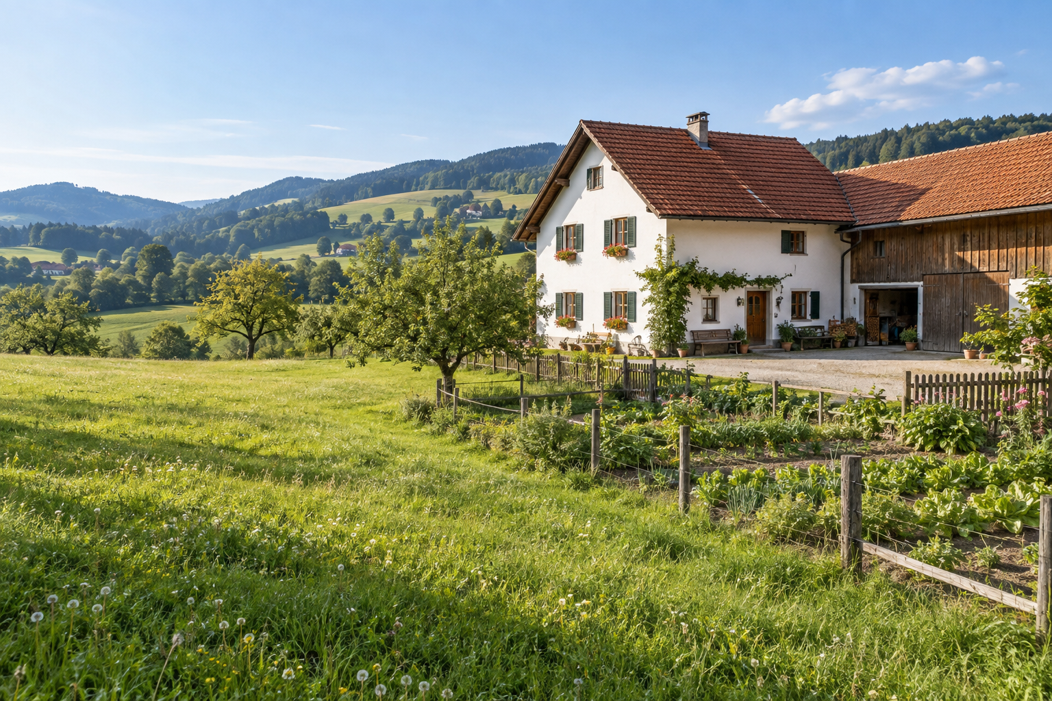 Kleines Bauernhaus mit Scheune, Wiese und Gemüsegarten